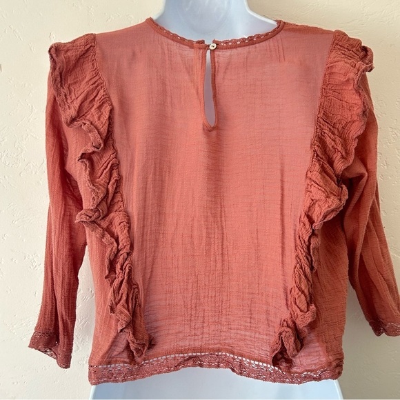 FREE PEOPLE Jasmine Victorian Ruffle Lace Trim Cropped Blouse Rose Size XS - Picture 6 of 13